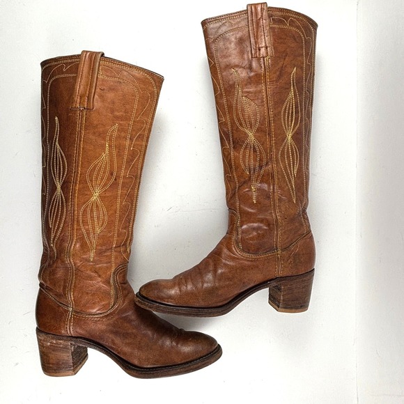Frye Shoes - vtg FRYE Black Label Brown Leather Campus Boots Western Tall Block Heel Womens 8